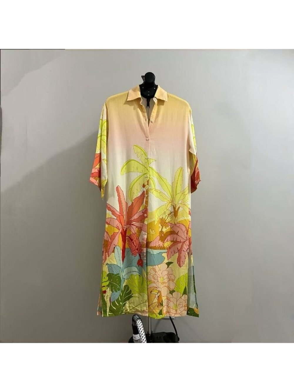 NWOT Farm Rio Linen blend Floral Midi Shirt Dress Size XL Hawaiian Tropical - Picture 3 of 11